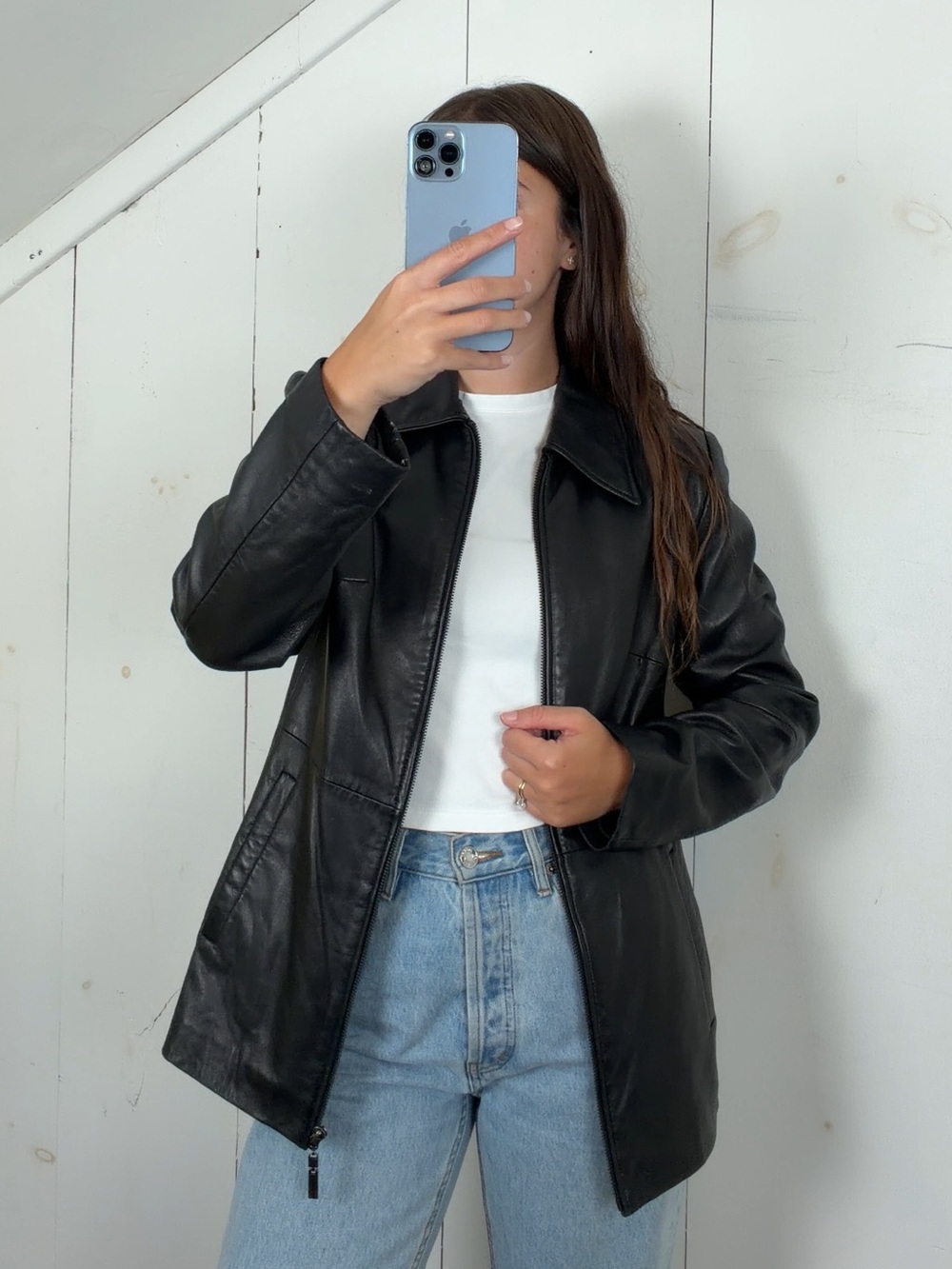 Vintage Jones New York Black Genuine Leather Full Zip Jacket Women’s Medium Y2K